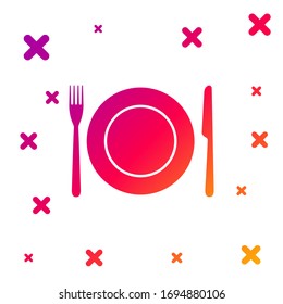 Color Plate, tenedor e icono de cuchillo aislado en fondo blanco. Símbolo de cubertería. Signo de restaurante. Formas dinámicas aleatorias degradadas. Ilustración vectorial