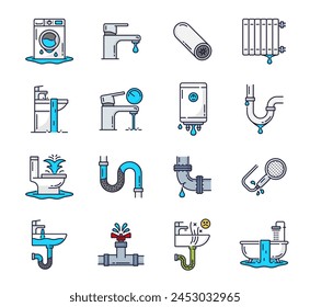 Iconos de servicio de fontanería de color. Problemas de inodoro, tubería obstruida, desagüe, baño y ducha. Limpieza de aguas residuales, servicio de fontanería o tubería de desobstrucción icono de Vector de línea con lavadora, inodoro, bañera y grifo