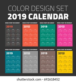 Color pocket calendar set 2019, start on monday and on sunday