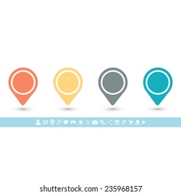 Color pointers and markers for map and plan on white background with icons set.