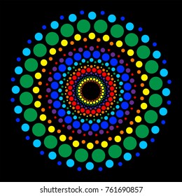 Color points on black background. Colorful circle of dots of different sizes. Central element. Round Ornament Pattern. 