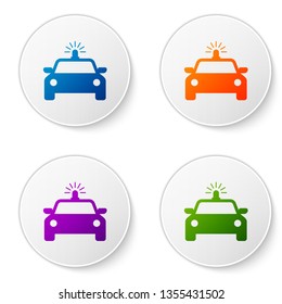 Color Police car and police flasher icon isolated on white background. Emergency flashing siren. Set color icon in circle buttons. Vector Illustration