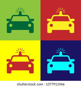 Color Police car and police flasher icon isolated on color backgrounds. Emergency flashing siren. Flat design. Vector Illustration