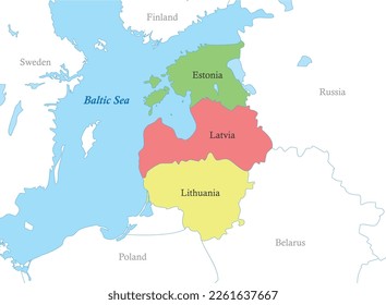 Color political map of Baltic states with borders of the countries.