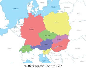 Color political map of Central Europe with borders of the countries.