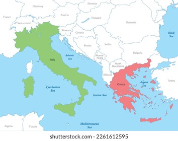 Mapa político de colores del sur de Europa con las fronteras de los países.