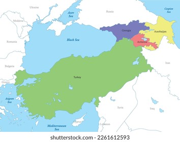 Mapa político de colores de Turquía y el Cáucaso con fronteras de los países.