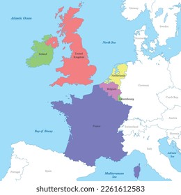 Color political map of Western Europe with borders of the countries.