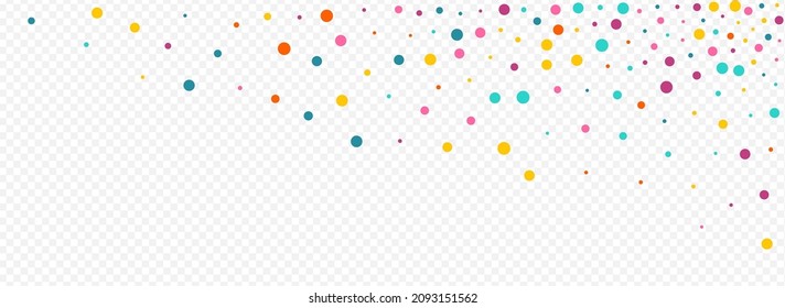 Color Polka Carnival Vector Panoramic Transparent Background. Independence Confetti Wallpaper. Abstract Rain Banner. Rainbow Round Transparent Invitation.
