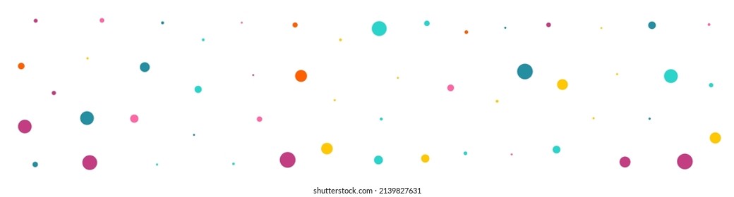 Vector Volador Polka de color Fondo Panorámico Blanco. La Decoración Es Una Invitación Redonda. Postal de la lluvia superior. Patrón transparente de polvo multicolor.