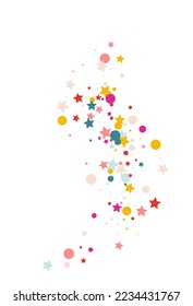 Color Polka Flying Vector White Background. Top Shine Banner. Christmas Starfall Pattern. Happy Confetti Carnival Wallpaper.