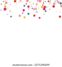 Color Polka Top Vector White Background. Abstract Dust Pattern. Carnival Starfall Illustration. Rainbow Shine Invitation Wallpaper.
