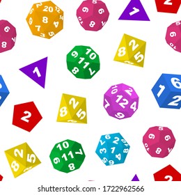 Color Polyhedron Dice with Numbers Seamless Pattern Background on a White for Casino Gambling and Board Game. Vector illustration of Polyhedral Dices