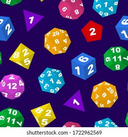 Color Polyhedron Dice with Numbers Seamless Pattern Background for Casino Gambling and Board Game. Vector illustration of Polyhedral Dices