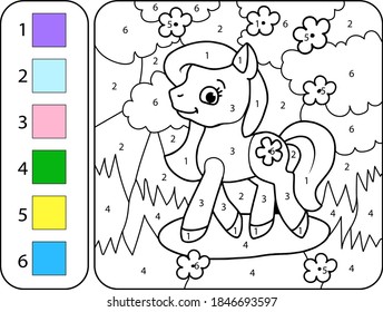 Color Pony By Numbers Cartoon Coloring Stock Vector (Royalty Free ...