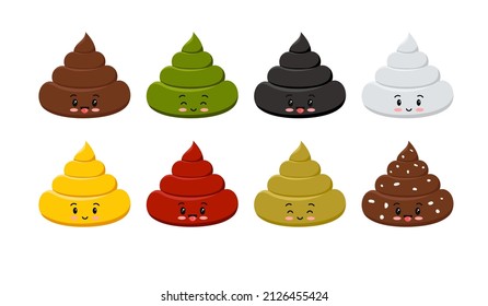 Color poop cute excrement character cartoon emoticon set isolated on white.  Kawaii brown,red, black green heap of shit emoji collection. Flat design vector clip art baby poo with faces illustration.