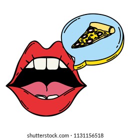 color pop art open mouth with pizza inside chat bubble