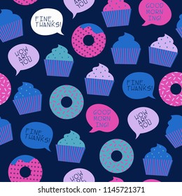 color pop art vector seamless pattern with donuts and cakes