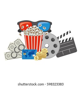 color pop corn, 3d glasses, clapper board and money, vector illustraction