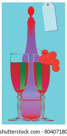 Color pop-art illustration of a bottle of wine, 2 wineglasses, and a branch of grapes with price tag in the background. Can be used as poster or picture for wine list.