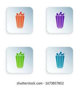 Color Popcorn in cardboard box icon isolated on white background. Popcorn bucket box. Set colorful icons in square buttons. Vector Illustration