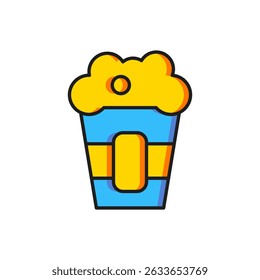 Color Popcorn in cardboard box icon isolated on white background. Popcorn bucket box. Flat filled outline style with shadow. Vector