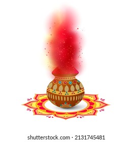 Color Popping Out From Traditional Decorative Mud Pot At Rangoli On White Background And Copy Space For Holi Celebration.