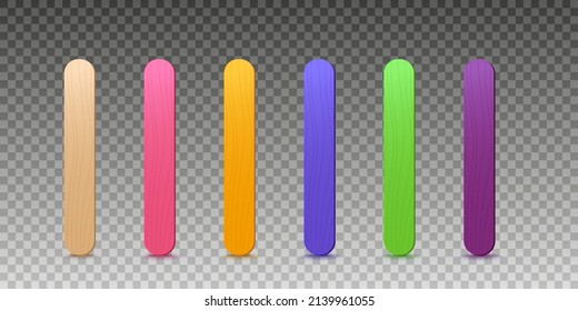 Color popsicle stick in realistic vector illustration isolated on transparent with shadow. Colorful spatula collection for kids games, math countings. Holding ice cream or lollipop with wooden texture