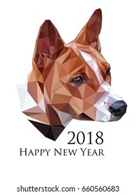 Color portrait of the Basenji Dog, on white background, Chinese calendar Zodiac for 2018 New Year of the brown earth dog. Isolated vector silhouette made on low polygonal style.