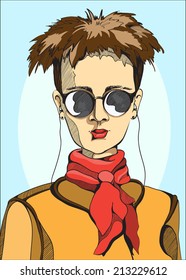 Color portrait of a fashion girl with short hair.   Hand drawn