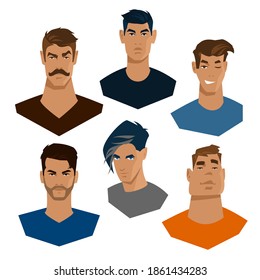 Color portrait young men with beards and trendy modern haircuts set.