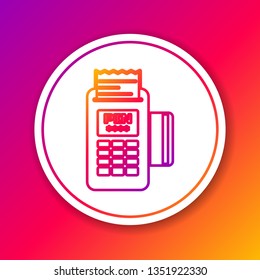 Color POS terminal with inserted credit card and printed reciept line icon isolated on color background. NFC payment concept. Circle white button. Vector Illustration