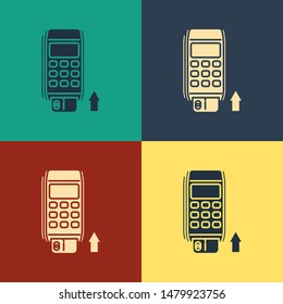 Color Pos terminal with inserted credit card icon isolated on color background. Payment terminal transaction. Pay by card. Vintage style drawing. Vector Illustration