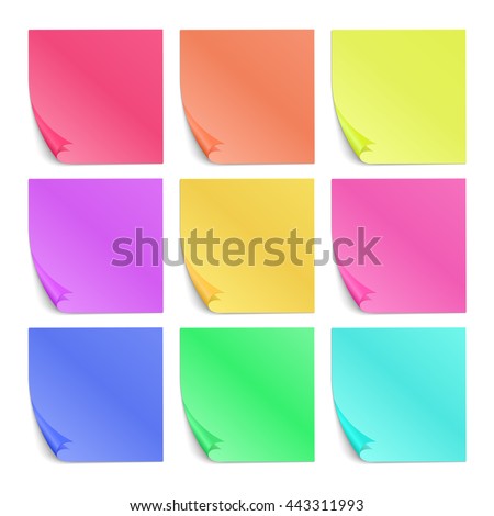Color post its paper stickers for notes vector set. Note reminder papers with curled corner illustration