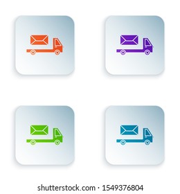 Color Post truck icon isolated on white background. Mail car. Vehicle truck transport with envelope or letter. Set icons in colorful square buttons. Vector Illustration