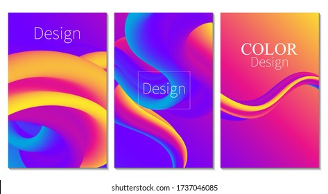 Color Poster. 3d Wave. Cover Set. Liquid Background. Fluid Flow. Abstract Color Background. Electronic Sound. Fluid Abstract. Liquid Wave. 3d Color. Flow Design. Music Poster. Waves 3d Design. Vector.