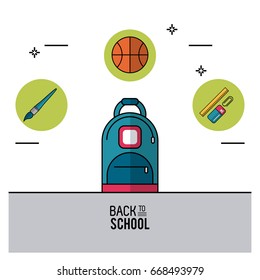 color poster of back to school with backpack in closeup and brush and basketball ball and rule with paperclip and eraser on top in round frames