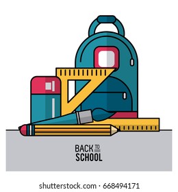 color poster of back to school with backpack and essential elements of school in closeup