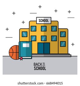 color poster of back to school with school building in closeup with book and basketball ball