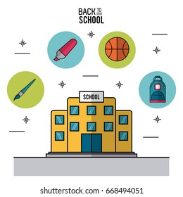 color poster of back to school with school building in closeup and icons in round frames of elements of school on top