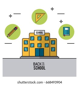 color poster of back to school with school bulding in closeup and pencil and ruler squad and book on top in round frames