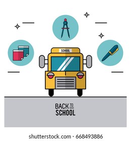 color poster of back to school with school bus in closeup and pen and sheet and compass on top in round frames