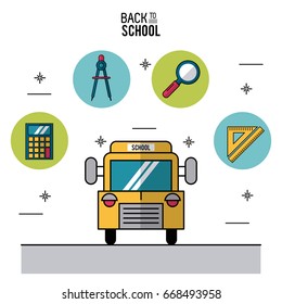 color poster of back to school with school bus in closeup and icons in round frames of elements of school on top