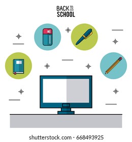 color poster of back to school with computer in closeup and icons in round frames of elements of school on top