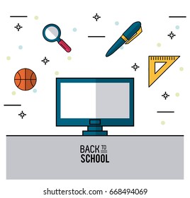 color poster of back to school with computer in closeup and eraser and basketball ball and magnifying glass and pen and rule squad on top