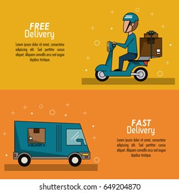 color poster banner scene fast delivery man scooter with packages and truck