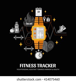 Color poster with black background depicting functions of smart watch fitness tracker vector illustration