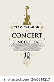 Color Poster of a classical live music concert. Vector banner, flyer, invitation, ticket or advertising banner with violin in retro style