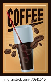 color poster coffee with linear glow and glass cup of iced coffee and beans