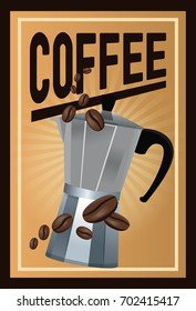 color poster coffee with linear glow and metallic jar of coffee with handle and beans